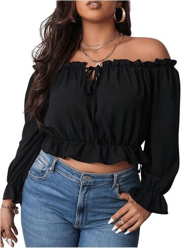 MakeMeChic Women's Plus Size Off Shoulder Shirt Frill Trim Flounce Sleeve Blouses Ruffle Hem Crop Blouse Top in Saudi Arabia