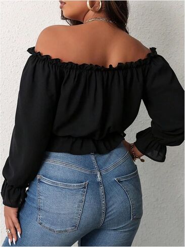 MakeMeChic Women's Plus Size Off Shoulder Shirt Frill Trim Flounce Sleeve Blouses Ruffle Hem Crop Blouse Top in Saudi Arabia