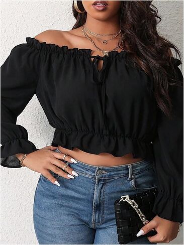 MakeMeChic Women's Plus Size Off Shoulder Shirt Frill Trim Flounce Sleeve Blouses Ruffle Hem Crop Blouse Top in Saudi Arabia