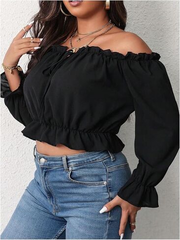 MakeMeChic Women's Plus Size Off Shoulder Shirt Frill Trim Flounce Sleeve Blouses Ruffle Hem Crop Blouse Top in Saudi Arabia