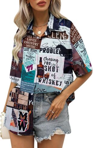 بوهو الغربية الجرافيك الزي المرأة: موسيقى الريف البقرة الجمجمة قميص روديو رعاة البقر زر أسفل قصيرة الأكمام بلوزة قمم in Kuwait