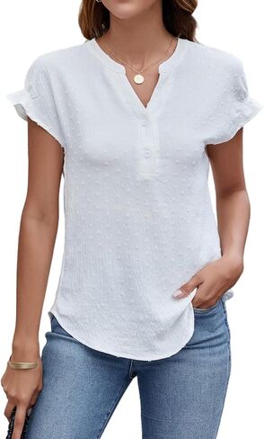 CiCiBird قميص نسائي أنيق كاجوال بياقة على شكل V وأكمام قصيرة مكشكشة، بلوزة شيفون منقطة in Kuwait