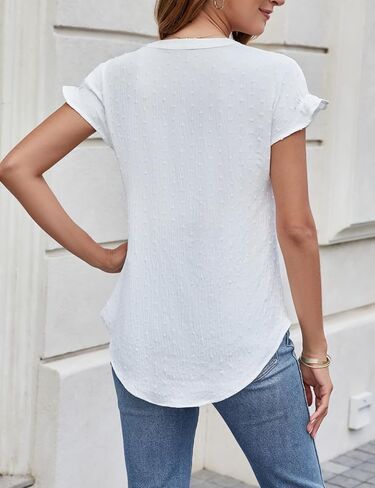 CiCiBird قميص نسائي أنيق كاجوال بياقة على شكل V وأكمام قصيرة مكشكشة، بلوزة شيفون منقطة in Kuwait