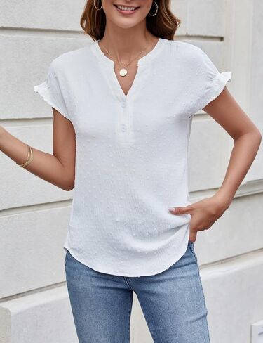 CiCiBird قميص نسائي أنيق كاجوال بياقة على شكل V وأكمام قصيرة مكشكشة، بلوزة شيفون منقطة in Kuwait