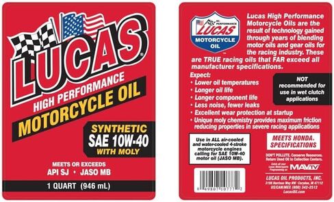 Lucas Oil 10777 زيت دراجة نارية صناعي عالي الأداء SAE 10W-40 4T مع مولي - 1 كوارت in Saudi Arabia