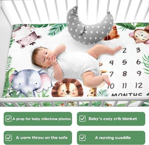 بطانية مايلستون الشهرية للأطفال، بطانية حيوانات الغابة، بطانية شهر الطفل، حيوانات السفاري، ديكور الحضانة للأولاد والبنات، بطانيات نمو الرضع الشهرية، بطانية طفل الغابة، صورة بطانية صوف، مقاس 50 × 40 بوصة in Saudi Arabia