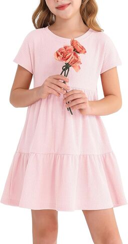 Girls Waffle Knit Button Detail Tiered Dresses Short Sleeve Casual Sun Beach Dress in Saudi Arabia