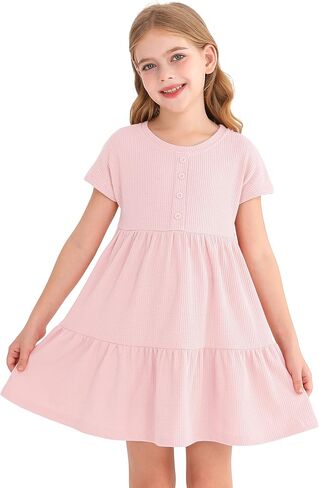 Girls Waffle Knit Button Detail Tiered Dresses Short Sleeve Casual Sun Beach Dress in Saudi Arabia