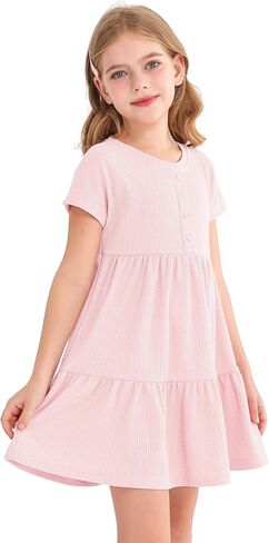 Girls Waffle Knit Button Detail Tiered Dresses Short Sleeve Casual Sun Beach Dress in Saudi Arabia