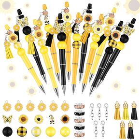 ReliThick 15 Sets Sunflower Beadable Pens Bulk Plastic Beadable Assorted Bead Pens Wood Spacer Round Beads Black Ink Ballpoint Pen DIY Bead Set for Women