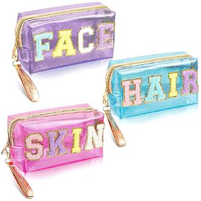 Amylove 3 Pcs Preppy Patch Bag Transparent Makeup Bag Beach Bag Accessories Waterproof Cosmetic Bags Portable Cosmetic Bag Travel Pouch for Women Gift Summer Travel(Love, Glam, Patterns)