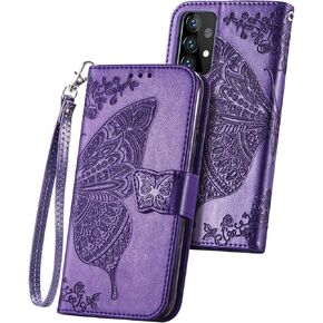 Wallet Case for Galaxy A52 4G/5G,PU Leather Flip Case Cover with Wrist Strap Cash Credit Card Slots Holder Pocket Emboss Butterfly Flower Protective Case for Samsung Galaxy A52 4G/5G Blue