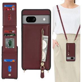 for Google Pixel 7 Case with Card Holder for Women,Pixel 7 Phone Case Wallet with Strap Credit Card Slots Crossbody with Kickstand Zipper Shockproof Case for Pixel7 - Red Wine