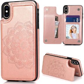 for iPhone X/iPhone Xs Case with Card Holder,PU Leather Mandala Emboss Flip Cover with Kickstand Credit Card Slots Magnetic Clasp Slim Wallet Case for iPhone 10/10S 5.8" (Blue)
