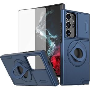 Asuwish Phone Case for Samsung Galaxy S23 Ultra 5G with Slide Camera Cover Tempered Glass Screen Protector Stand Ring Holder Rugged Slim Cell S23Ultra 23S S 23 23Ultra 6.8 inch Women Girls Men Black