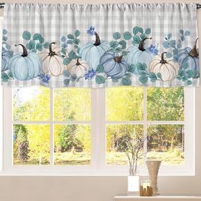 AnyDesign Fall Curtain Valance 54 x 20 Inch Blue Gray Pumpkin Valance Curtain Rod Pocket Watercolor Buffalo Plaid Short Window Treatment for Autumn Harvest Thanksgiving Home Kitchen Cafe Window Decor