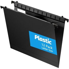 Plastic Hanging File Folder Letter Size,12 Pack Reinforced Hang Folders with 2 Inch Expansion,Sturdy File Cabinet Folders,Black Hanging File Folders,Hanging Folders for Filing Cabinet