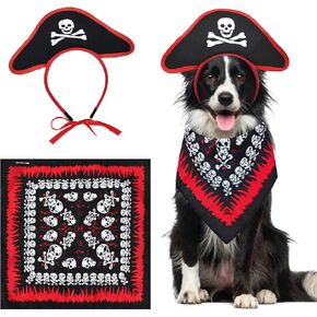 2PCS Pet Pirate Costume Halloween Dog Costume Skull Bandana Pirate Hat Headband Puppy Captain Cap Pirates of The Caribbean Style Clothes Funny Halloween Outfits Accessories for Medium Large Dogs