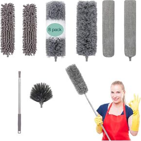 Microfiber Dusters for Cleaning with Extension Pole,Feather Dusters,Washable Lightweight Dusters for Cleaning Ceiling Fan, High Ceiling, Furniture,bed bottom, gap,spider web etc.(8PCS)