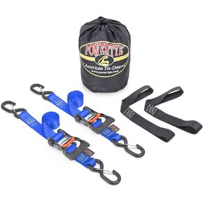 PowerTye 1.5in x 6ft Ergonomic Ratchet Tie-Down Kit w/Latching Hooks, Soft-Tyes, and Storage Bag - Made in USA - 1,000 lb. WLL / 3,000 lb. Breaking Strength - Red (Kit)