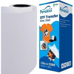 DTF Transfer Film Roll 13in x 328ft Double Sided Matte Finish PreTreat PET Heat Transfer Paper Premium Roll Hot Peel for DYI Direct Print on T-Shirt Textile