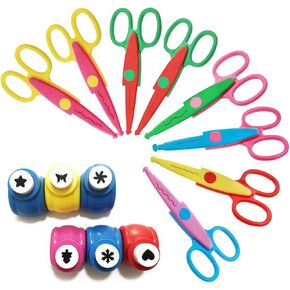 14PCS Creative Scissors & Craft Punch, 6 Different Patterns Edging Scissors + Paper Punch for Teachers Kids DIY Photo Scrapbooking Album - Colorful