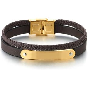 COOLSTEELANDBEYOND Mens Womens Two-Row Brown Braided Leather Wristband Bangle Bracelet with Steel ID Charms Gold Color