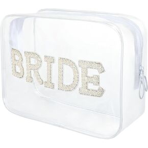 Bride Clear Makeup Bag, PVC Cosmetic Bag Pearl Rhinestone Patch Bride Toiletry Bag Makeup Pouch with Zipper Bridal Shower Gift