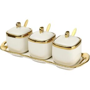 Spice Jars,Ceramic Spice Containers Kitchen Sugar Salt Condiment Jars Jars set with Lids and Spoons (White)