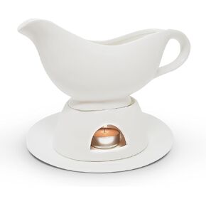 KOVOT 12 Ounce Gravy Boat, Warming Stand & Tray | Ceramic White Gravy Dish With Tealight Warming Option