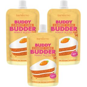 BUDDY BUDDER 3 Pack Carrot Cake Squeeze Packs, 100% Natural Dog Peanut Butter, Healthy Peanut Butter Dog Treats, Made in USA, (4oz packs)