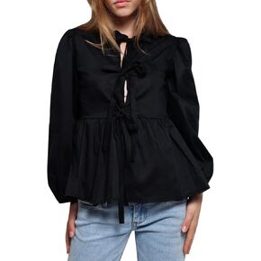 Tie Front Tops for Women Babydoll Puff Long Sleeve Bow Shirt Reversible Peplum Blouse Coquette Clothes