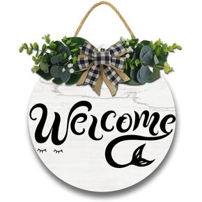 Welcome Wreath for Front Door Porch Decor with Eucalyptus Leaves & Buffalo Bow - Welcome Wreath Sign Hanging for Dogs Lovers Farmhouse Door Sign Housewarming Gift
