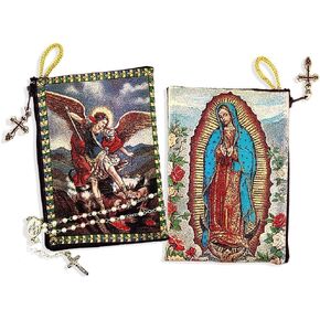 Saint St Michael with Our Lady of Guadalupe Cloth Tapestry Pouch 5 3/8 Inch