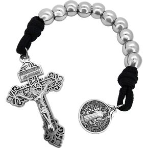 TALISMAN4U One Decade Paracord Pocket Rosary 10mm Silver Beads St Benedict Medal Pardon Crucifix Catholic Rosaries Chaplet with Linen Pouch & Prayer Card Religious Gift