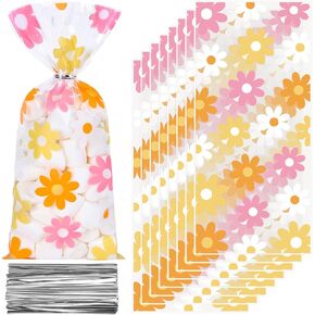 Whaline 100Pcs Groovy Daisy Cellophane Bags with Silver Twist Ties Retro Hippie Boho Party Treat Bags Colorful Flower Plastic Goodie Bags for Daisy Flower Birthday Baby Shower Wedding Party Favor