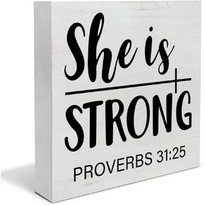 She is Strong Wood Box Sign Decor Desk Sign Spiritual Inspiration Wooden Box Block Sign Rustic Home Office Bedroom Living Room Shelf Wall Decoration Gift for Women Faith