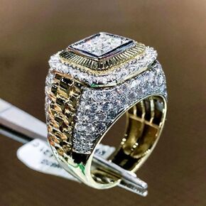 QUSIIOSLK 18K Gold Plated Bling Cubic Zirconia Square CZ Ring Hip Hop Iced Out Lab Simulated Diamond Square Side Watch Band Design Accent Statement Ring Wide Band Jewelry for Men Size 7-12 7