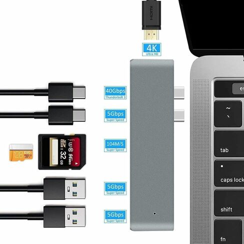 محول USB C Hub رفيع لجهاز MacBook Pro Air 7 في 1 ملحقات USB-C متعددة المنافذ مع 2 3.0، قارئ بطاقة TF/SD، منفذ، Thunderbolt 3، و4K HDMI، ألومنيوم رمادي، لـ 2022-2018 M1 M2 13 14 16 Mac in Saudi Arabia