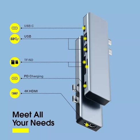 محول USB C Hub رفيع لجهاز MacBook Pro Air 7 في 1 ملحقات USB-C متعددة المنافذ مع 2 3.0، قارئ بطاقة TF/SD، منفذ، Thunderbolt 3، و4K HDMI، ألومنيوم رمادي، لـ 2022-2018 M1 M2 13 14 16 Mac in Saudi Arabia