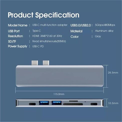 محول USB C Hub رفيع لجهاز MacBook Pro Air 7 في 1 ملحقات USB-C متعددة المنافذ مع 2 3.0، قارئ بطاقة TF/SD، منفذ، Thunderbolt 3، و4K HDMI، ألومنيوم رمادي، لـ 2022-2018 M1 M2 13 14 16 Mac in Saudi Arabia