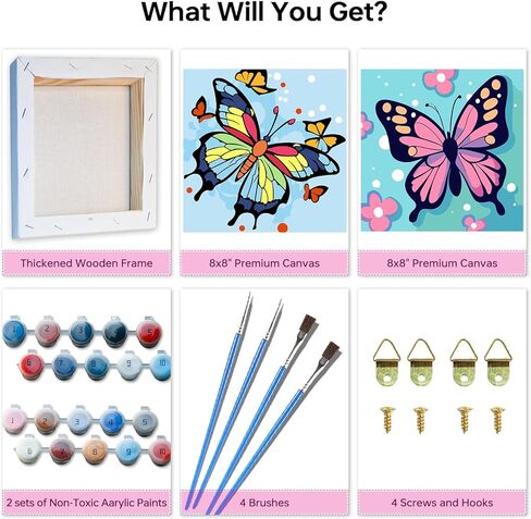 nekpiahu 2 Framed Butterfly Paint by Numbers Kit for Kids - Kids paint by Number Kits Age 5-8-12, Easy Acrylic Oil Paint by Number for Kids 8x8inch in Saudi Arabia
