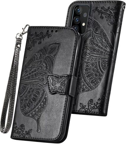 Wallet Case for Galaxy A52 4G/5G,PU Leather Flip Case Cover with Wrist Strap Cash Credit Card Slots Holder Pocket Emboss Butterfly Flower Protective Case for Samsung Galaxy A52 4G/5G Blue in Saudi Arabia