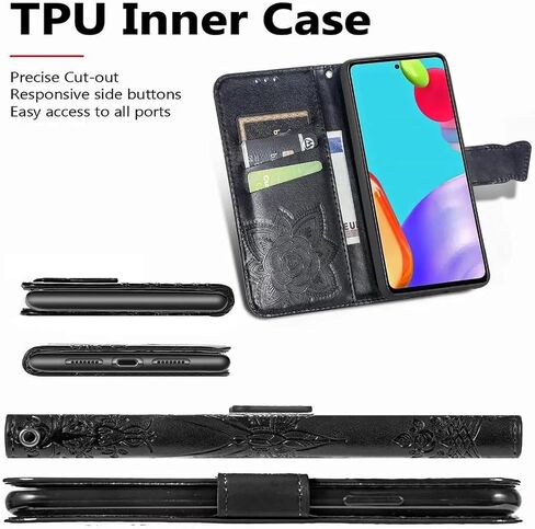 Wallet Case for Galaxy A52 4G/5G,PU Leather Flip Case Cover with Wrist Strap Cash Credit Card Slots Holder Pocket Emboss Butterfly Flower Protective Case for Samsung Galaxy A52 4G/5G Blue in Saudi Arabia