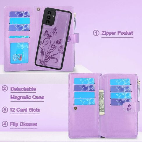 Lacass متوافق مع حافظة Samsung Galaxy A13 4G LET /5G [12 فتحة بطاقة] حامل نقدي لبطاقة الهوية وجيب بسحاب وجيب مغناطيسي قابل للفصل وغطاء حزام معصم (زهري أزرق أخضر) in Kuwait