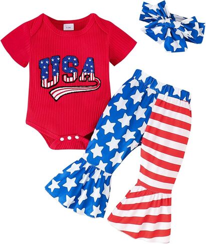 Let's Do Dis Infant Newborn Girl 4th of July Outfit Set Knitted Romper Flare Pants with Headband in Saudi Arabia