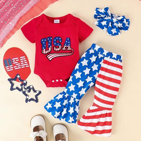 Let's Do Dis Infant Newborn Girl 4th of July Outfit Set Knitted Romper Flare Pants with Headband in Saudi Arabia