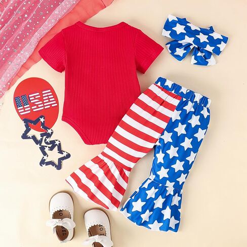 Let's Do Dis Infant Newborn Girl 4th of July Outfit Set Knitted Romper Flare Pants with Headband in Saudi Arabia