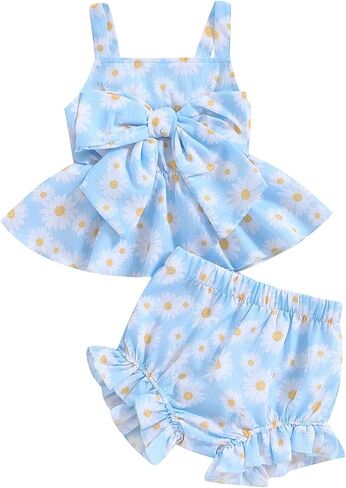 الوليد الطفل بنات الصيف السراويل الملابس أكمام ديزي طباعة القوس كامي القمم PP الجبهة Bowknot وتتسابق مجموعة in Saudi Arabia