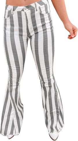 Sidefeel Womens Striped Bell Bottom Jeans Raw Hem Flared Denim Pants in Saudi Arabia